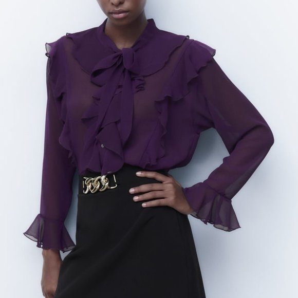 NWT PURPLE TIED BLOUSE WITH RUFFLES. - Picture 1 of 8